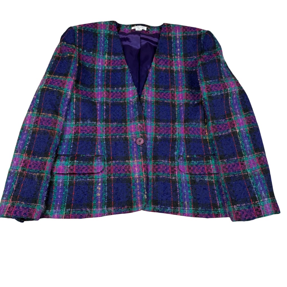 Talbots Vintage Wool Mohair Plaid Blazer Jacket Purple Green Pink Made in USA 14